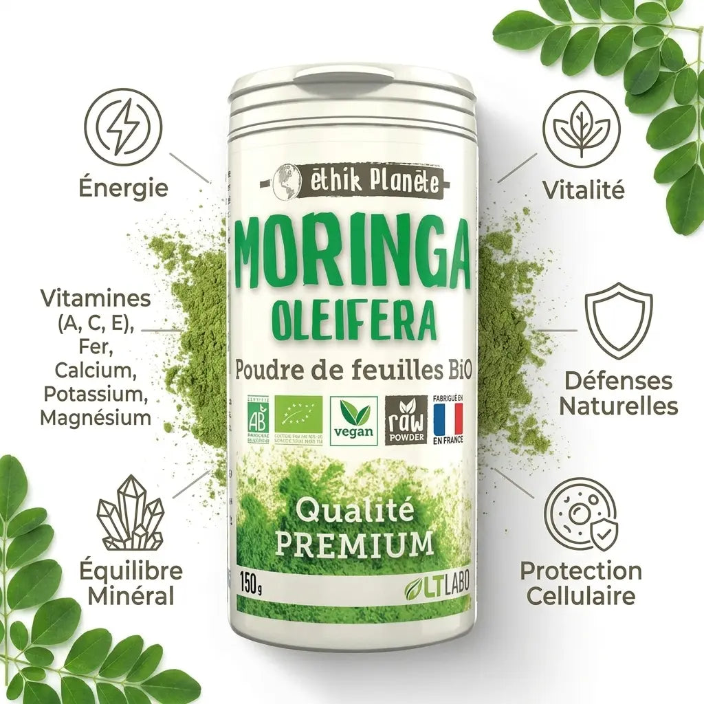 Moringa bio en poudre Ethik Planète - pot 150g avec bénéfices nutritionnels et feuilles