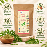 Moringa en poudre AYur-vana avec bénéfices : protéines, vitamines, antioxydants, énergie et équilibre nutritionnel
