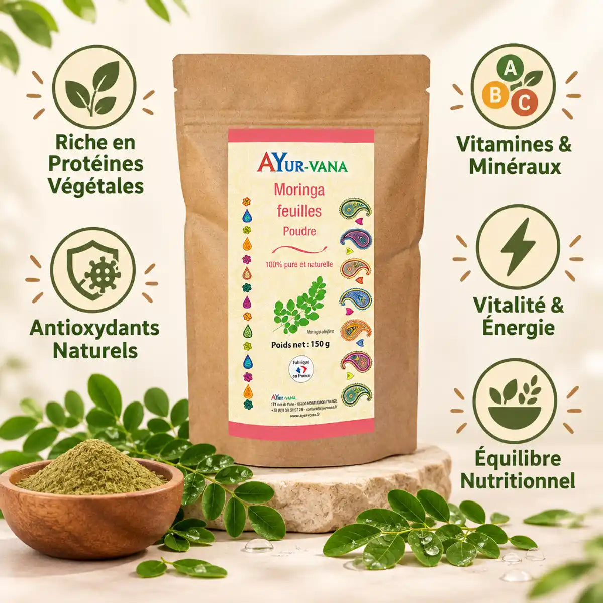 Moringa en poudre AYur-vana avec bénéfices : protéines, vitamines, antioxydants, énergie et équilibre nutritionnel