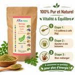 Poudre Moringa AYur-vana 100% pure avec guide d'utilisation en 3 étapes et dosage recommandé