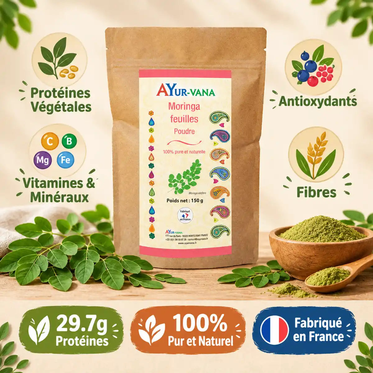 Moringa poudre AYur-vana sachet 29.7g protéines, naturel, fabriqué France avec vitamines et antioxydants