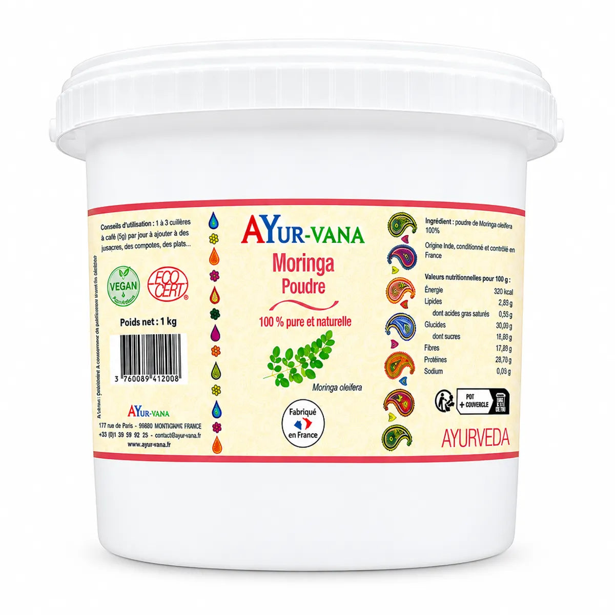 Poudre de Moringa AYur-vana en pot blanc avec étiquette rouge, complément alimentaire naturel