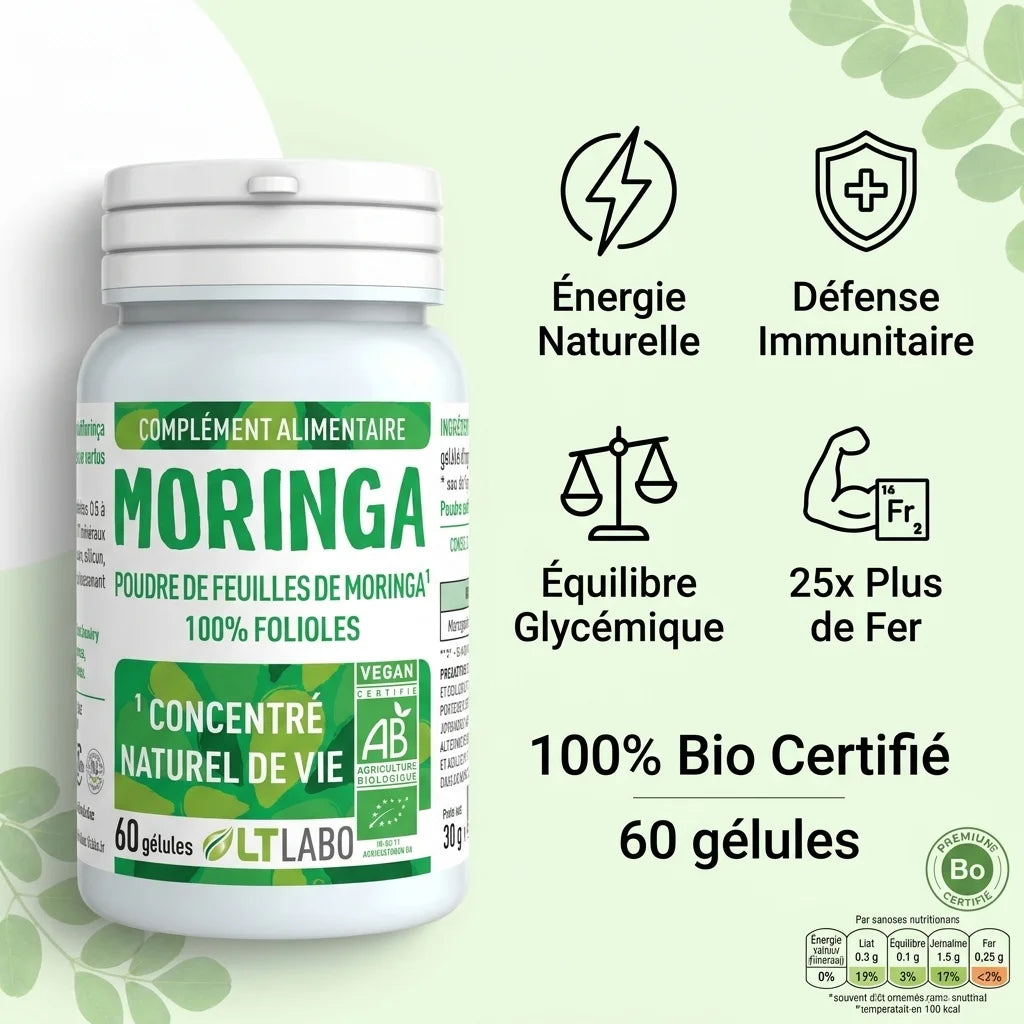 Moringa Pure Bio gélules bio certifiées 60 capsules avec bénéfices énérgie immunitaire fer
