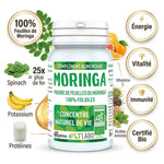 Moringa Pure Bio gélules bio avec infographie nutritionnelle comparant fer, potassium, protéines et vitamines