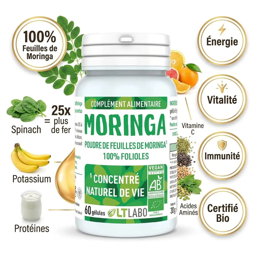 Moringa Pure Bio gélules bio avec infographie nutritionnelle comparant fer, potassium, protéines et vitamines