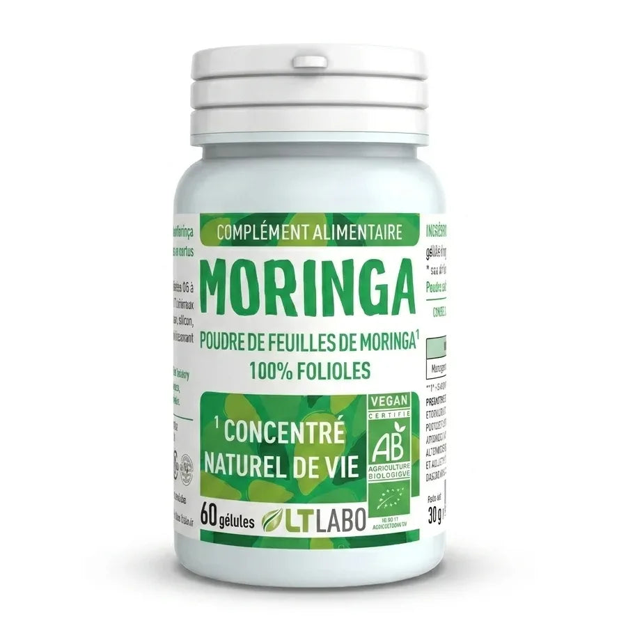 Flacon Moringa Pure Bio en gélules avec étiquette verte sur fond blanc