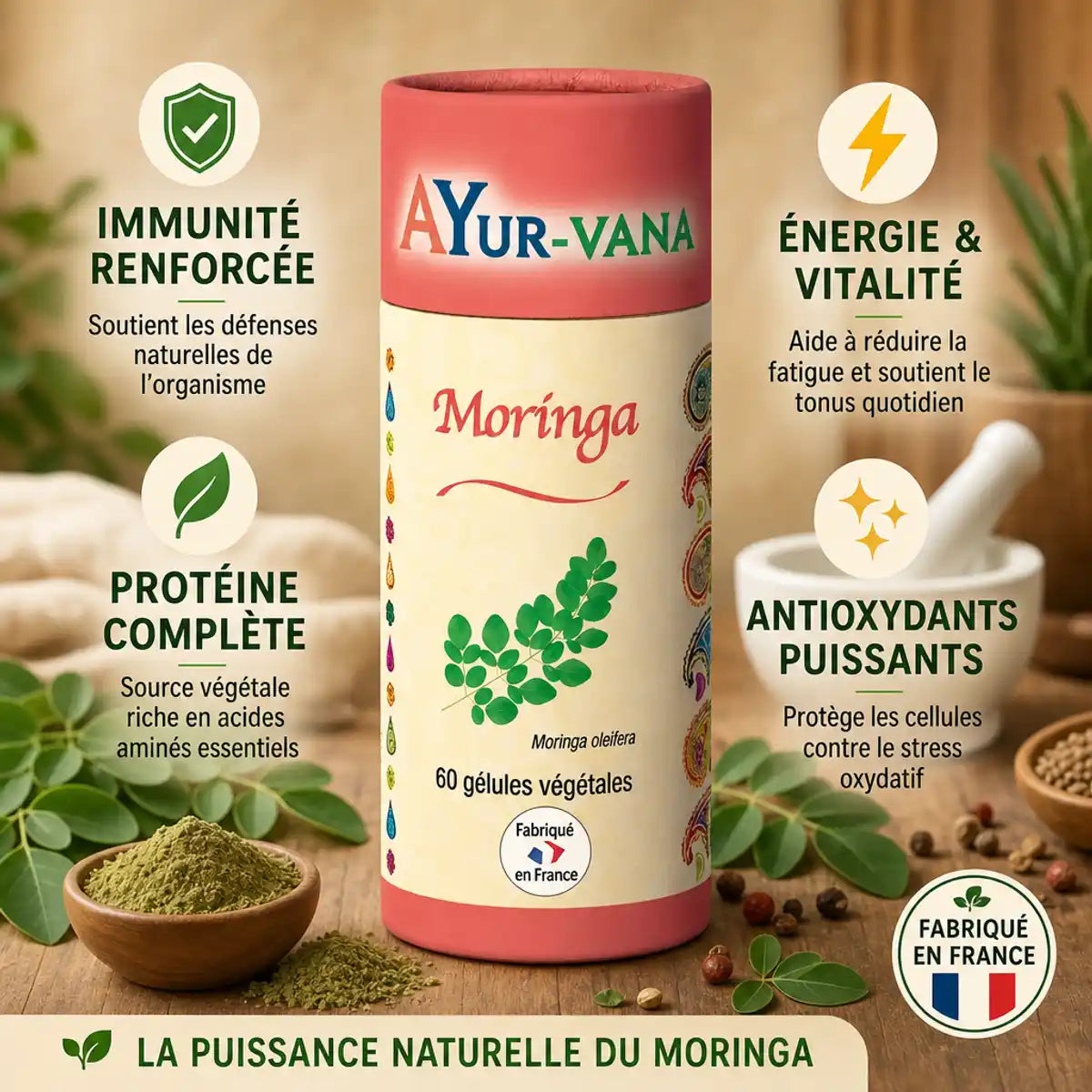 Moringa Vegan AYur-vana 60 gélules végétales avec bénéfices immunité, énergie et protéines
