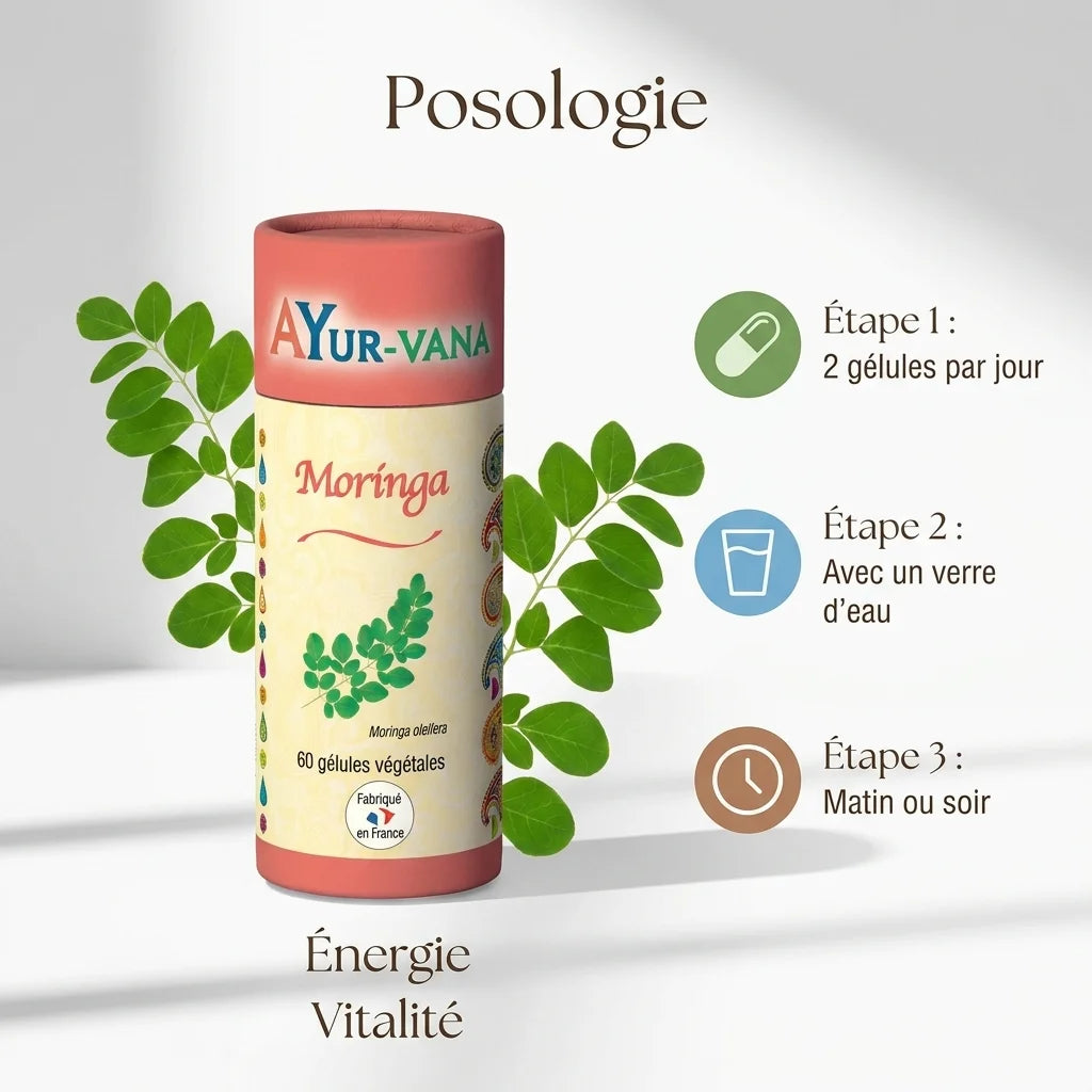 Gélules Moringa vegan AYur-vana avec guide posologie 2 capsules par jour pour énergie et vitalité