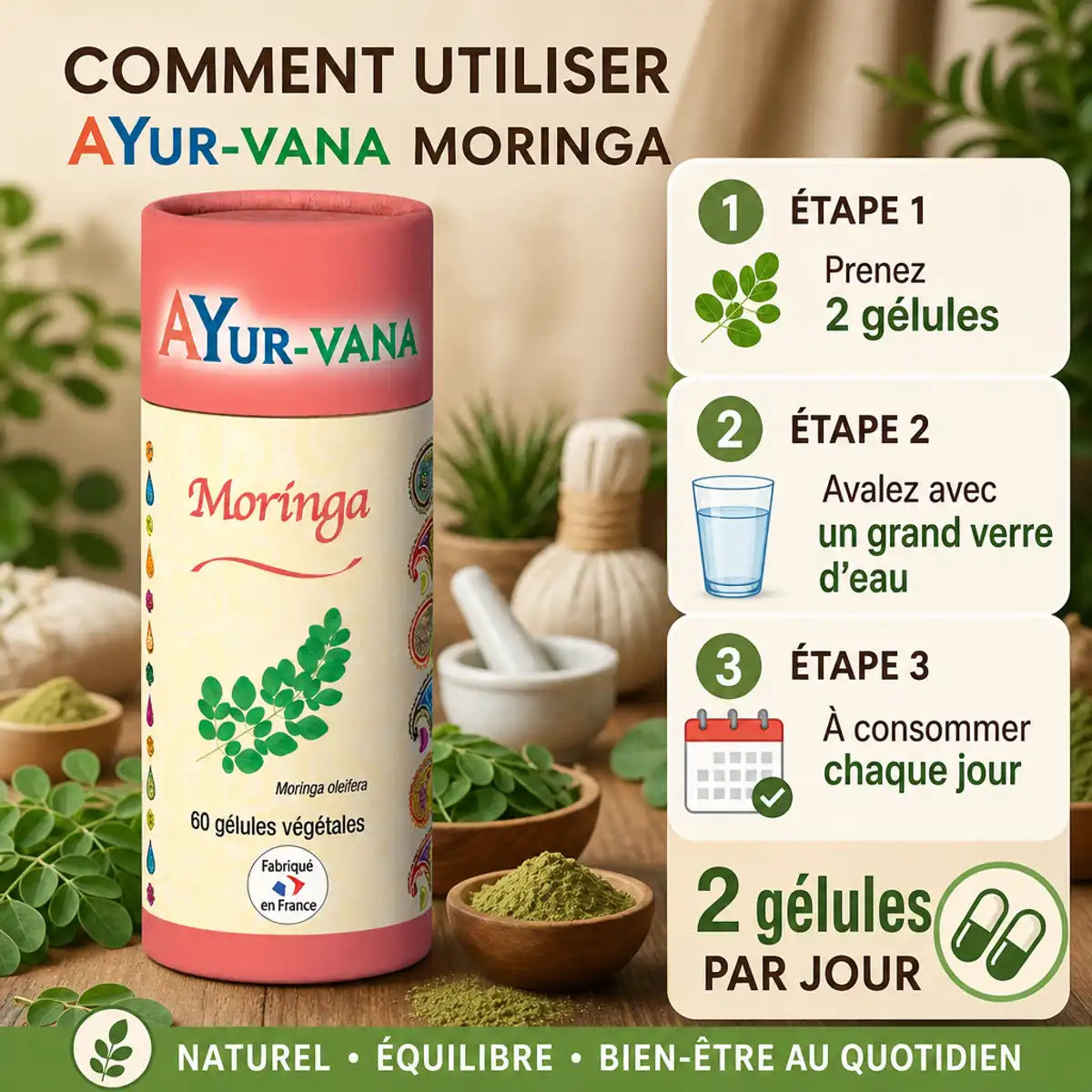 Gélules de Moringa vegan AYur-vana avec guide d'utilisation et dosage 2 gélules par jour