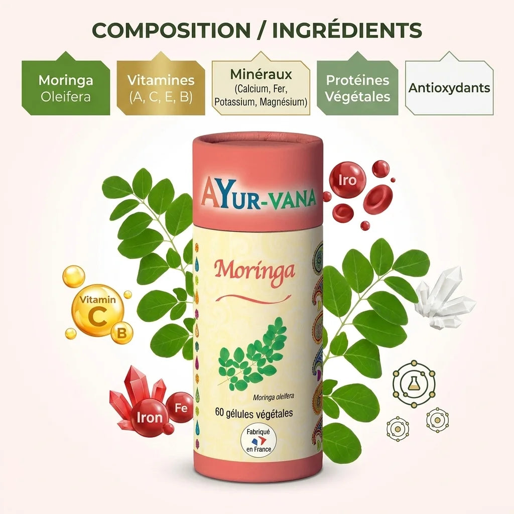 Complément Moringa vegan AYur-vana en gélules avec ingrédients naturels: vitamines, minéraux et antioxydants