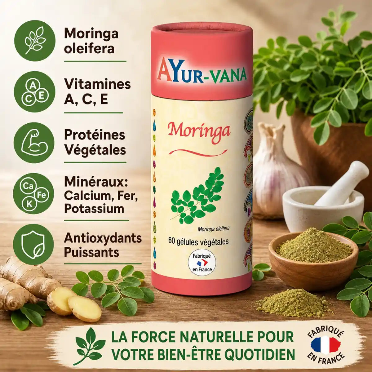 Gélules Moringa AYur-vana avec feuilles fraîches, poudre dorée et ingrédients naturels en studio