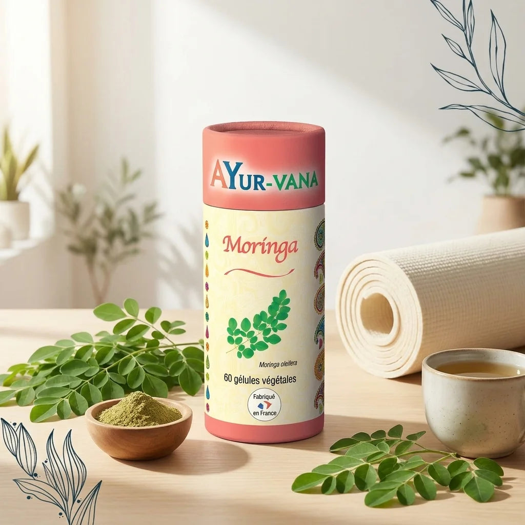 Gélules Moringa Vegan AYur-vana entourées de feuilles fraîches dans un cadre wellness