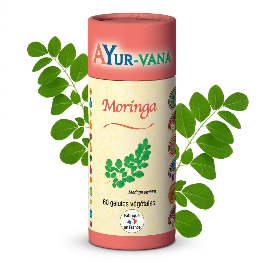 Flacon de gélules Moringa vegan AYur-vana sur fond blanc, complément alimentaire naturel