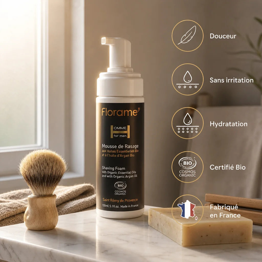 Mousse rasage bio Florame certifiée avec bénéfices: douceur, hydratation, sans irritation, made in France