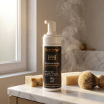 Mousse de rasage bio Florame sur plan de toilette marbre avec accessoires rasage naturels