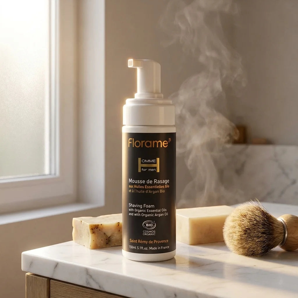 Mousse de rasage bio Florame sur plan de toilette marbre avec accessoires rasage naturels