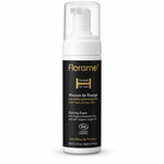 Mousse de rasage bio Florame avec pompe transparente sur fond blanc