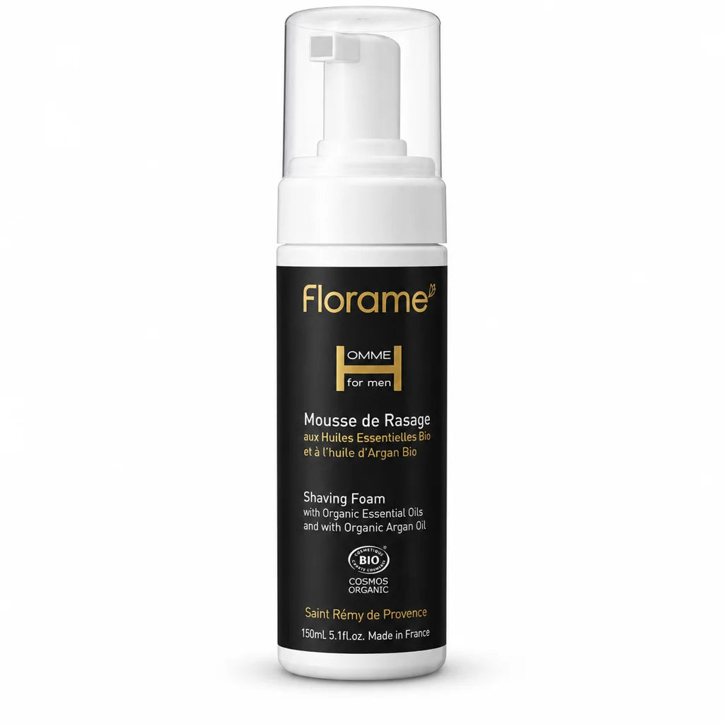 Mousse de rasage bio Florame avec pompe transparente sur fond blanc