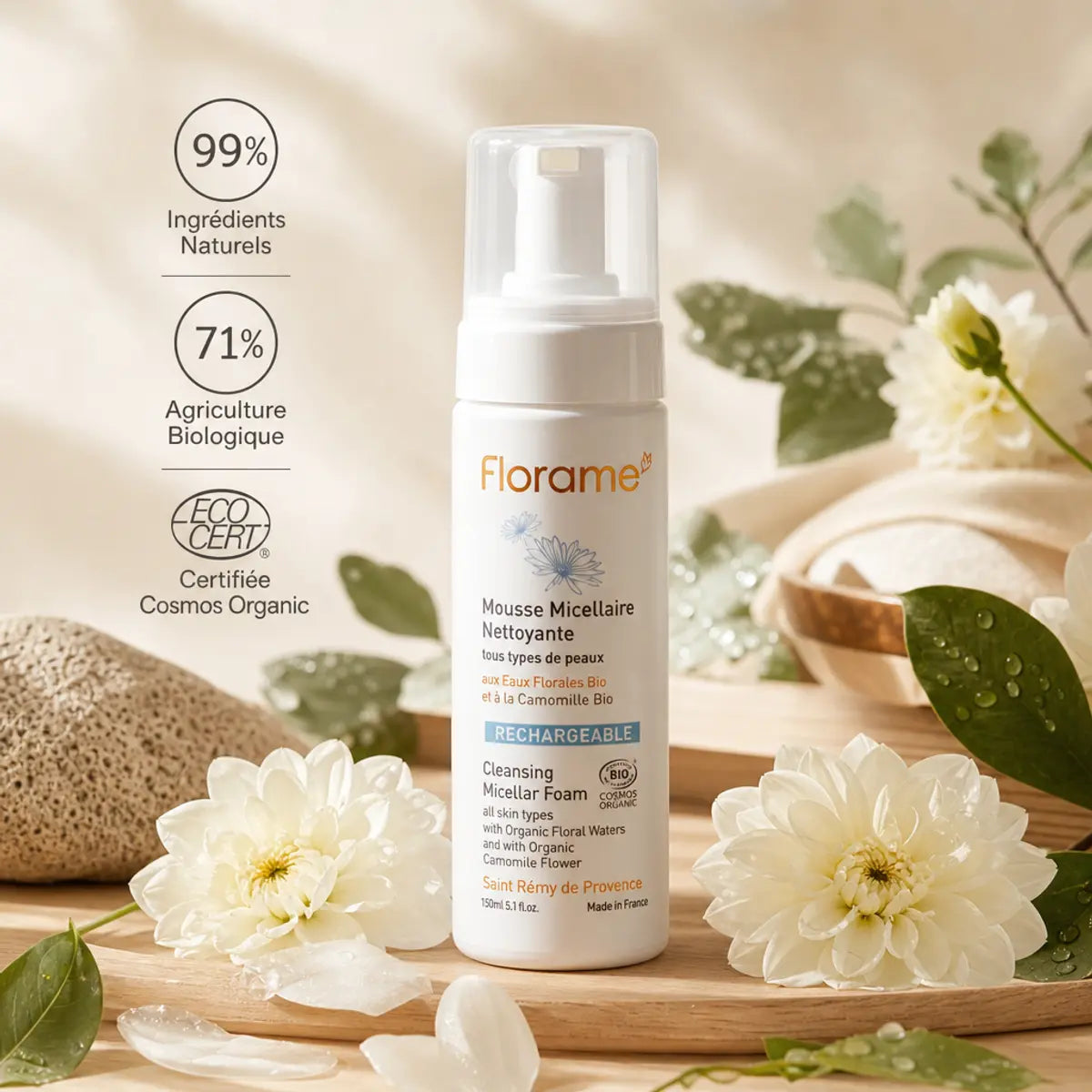 Mousse Micellaire Nettoyante Florame bio avec ingrédients naturels et certification Cosmos Organic