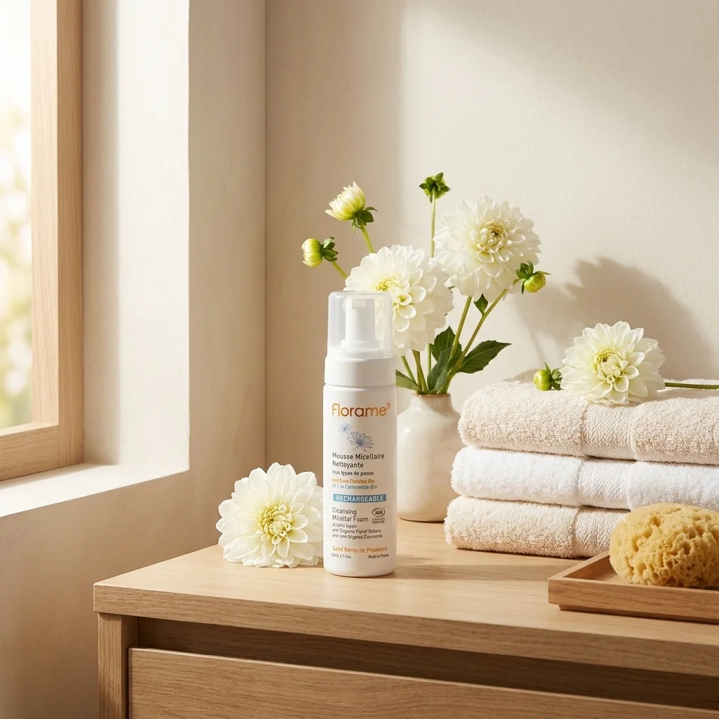 Mousse Micellaire Nettoyante Florame bio sur vanité spa avec fleurs blanches et serviettes coton