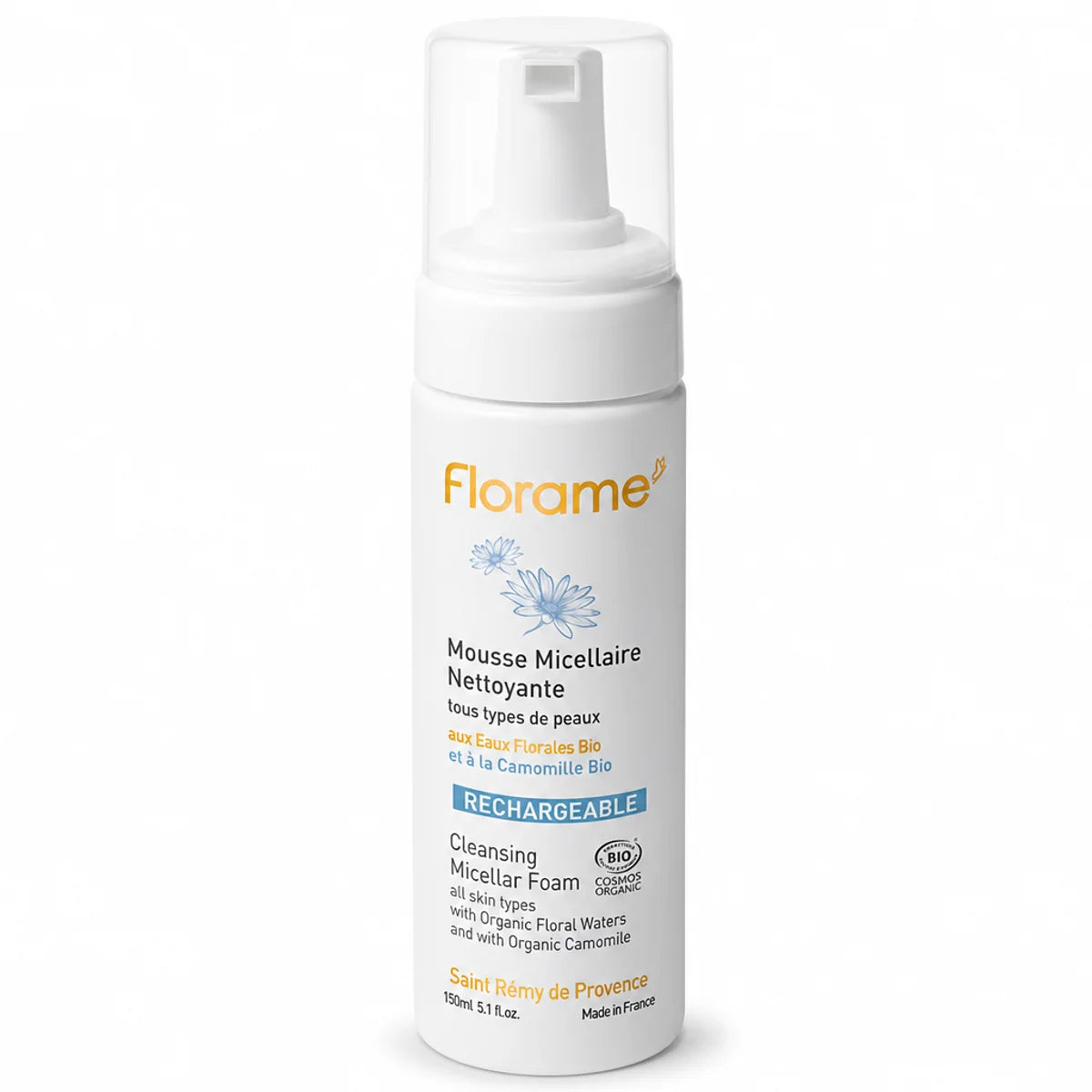 Mousse Micellaire Nettoyante bio Florame en flacon blanc avec pompe doseuse
