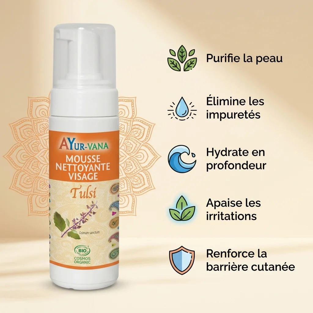 Mousse nettoyante Tulsi bio Ayurvana avec flacon blanc et ses 5 bénéfaits