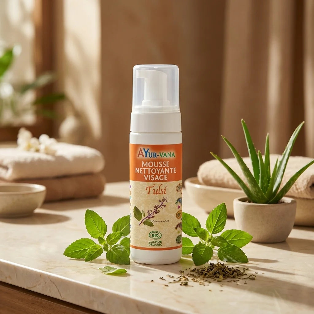 Mousse nettoyante Tulsi bio Ayurvana entourée de feuilles de tulsi frais et aloe vera