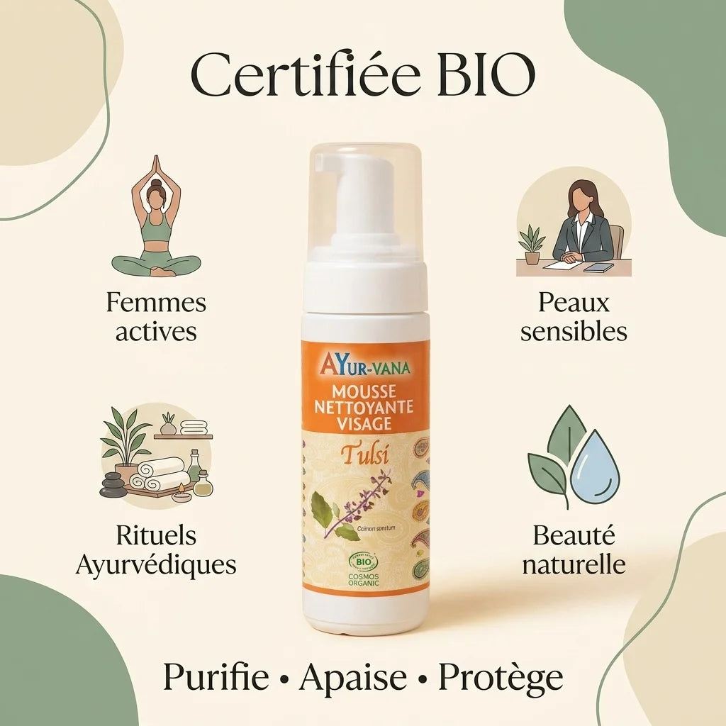 Mousse nettoyante Tulsi bio Ayurvana avec icônes wellness, yoga et soins naturels sur fond sage green
