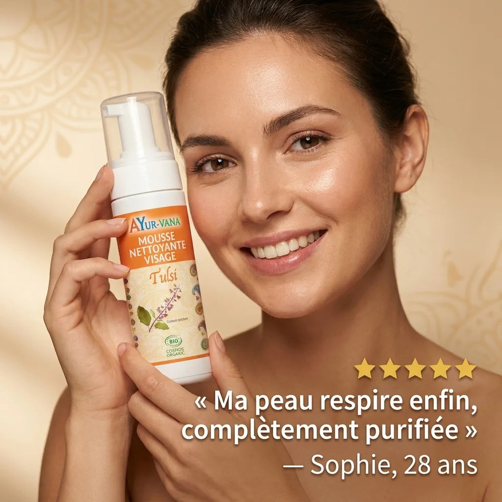 Mousse nettoyante Tulsi bio Ayurvana avec témoignage client et certification Cosmos Organic