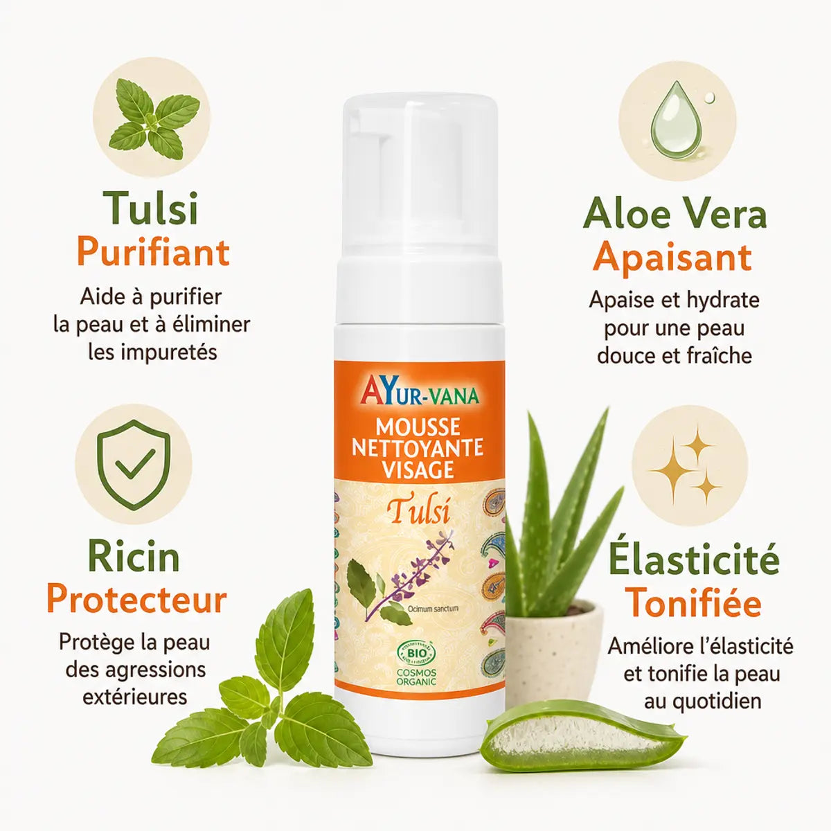 Mousse Nettoyante Tulsi Bio Ayurvana avec bénéfices purifiant, apaisant et tonifiant