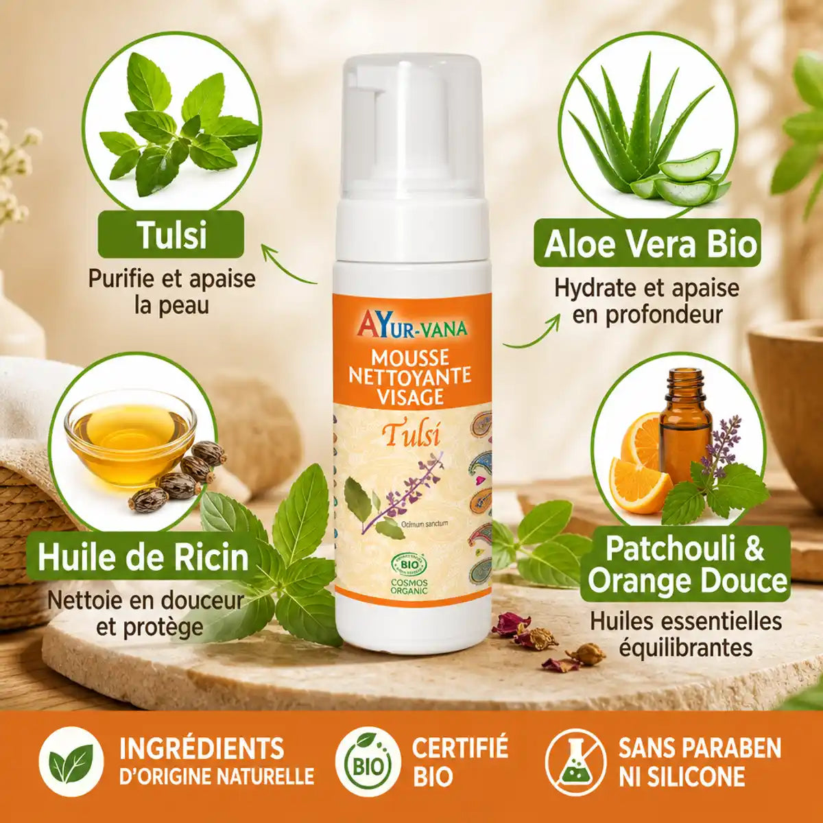 Mousse nettoyante Tulsi Bio Ayurvana avec ingrédients naturels : Aloe vera, huile de ricin et huiles essentielles