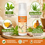 Mousse nettoyante Tulsi Bio Ayurvana avec ingrédients naturels : Aloe vera, huile de ricin et huiles essentielles