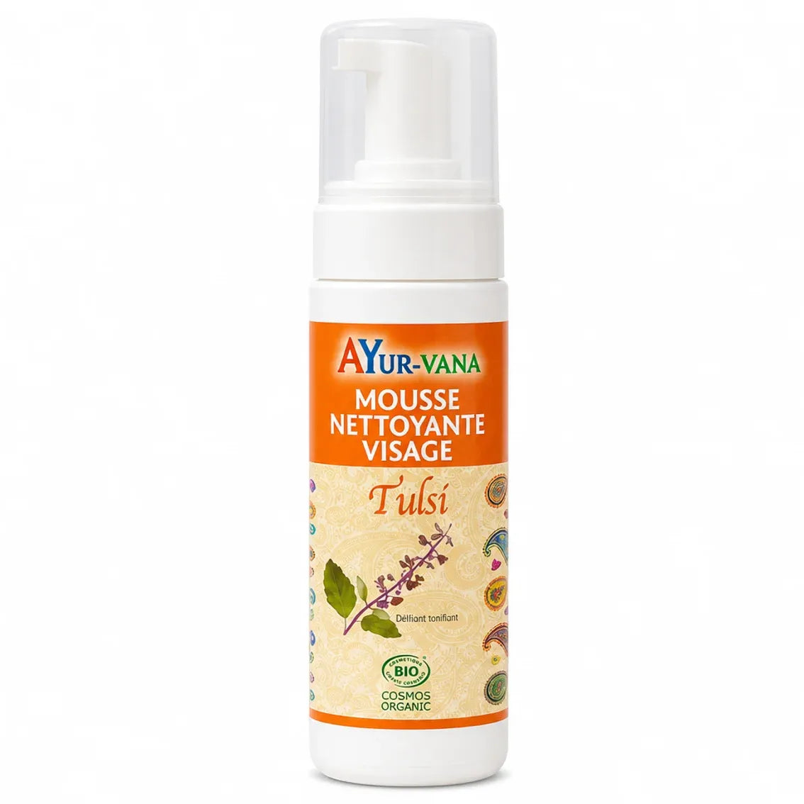 Mousse nettoyante Tulsi Bio Ayurvana - flacon blanc avec pompe doseur sur fond blanc