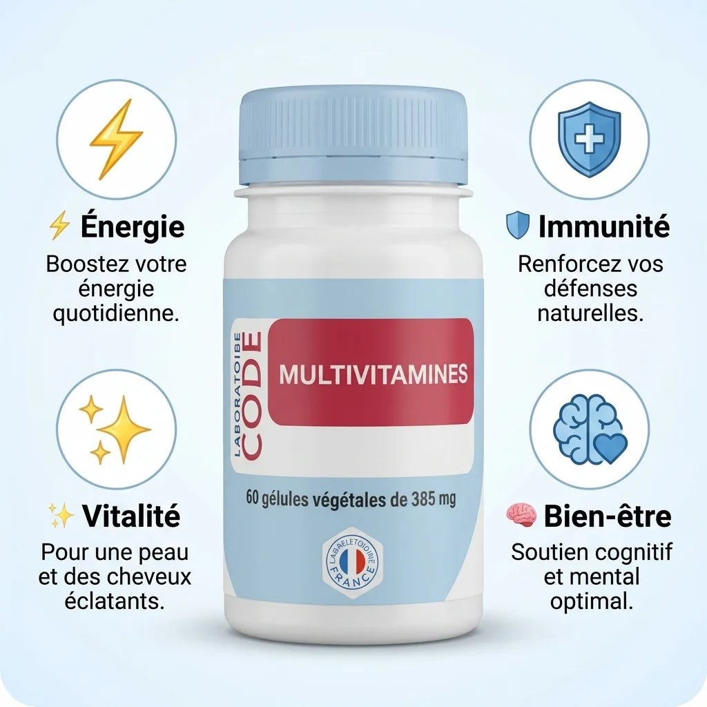 Flacon de multivitamines Code Laboratoire avec icônes d'énergie, immunité et vitalité sur fond blanc
