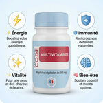 Flacon de multivitamines Code Laboratoire avec icônes d'énergie, immunité et vitalité sur fond blanc