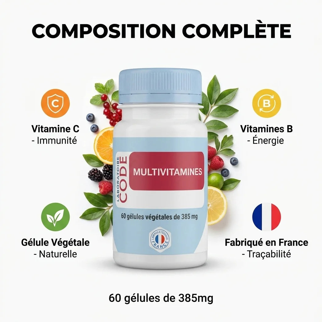Bouteille Code Laboratory Multi Vitamines avec composition complète, 60 gélules, ingrédients clés et certification France