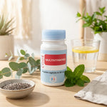 Bouteille de multivitamines Code Laboratoire avec capuchon bleu, entourée d'éléments wellness naturels