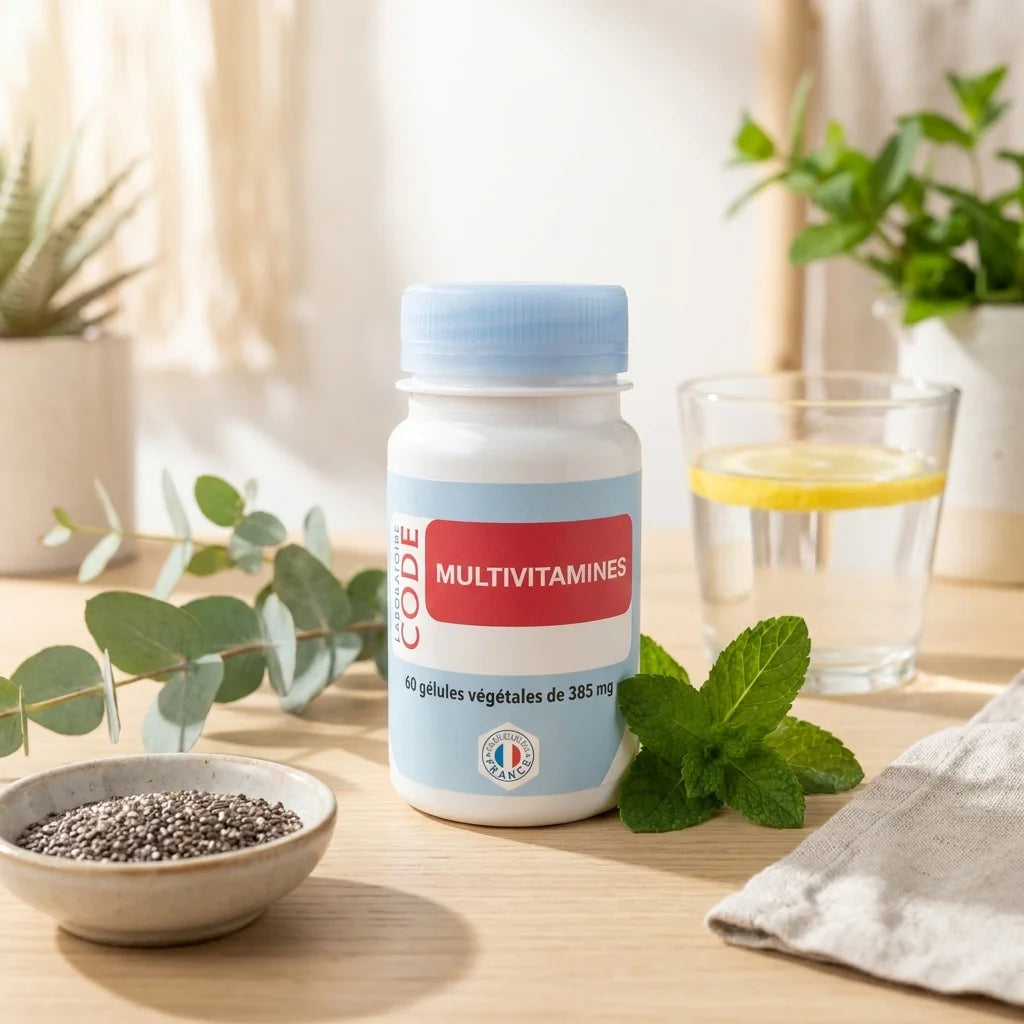 Bouteille de multivitamines Code Laboratoire avec capuchon bleu, entourée d'éléments wellness naturels