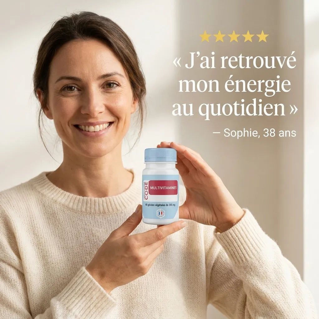 Femme tenant flacon multivitamines Laboratoire Code avec témoignage « J'ai retrouvé mon énergie » et 5 étoiles
