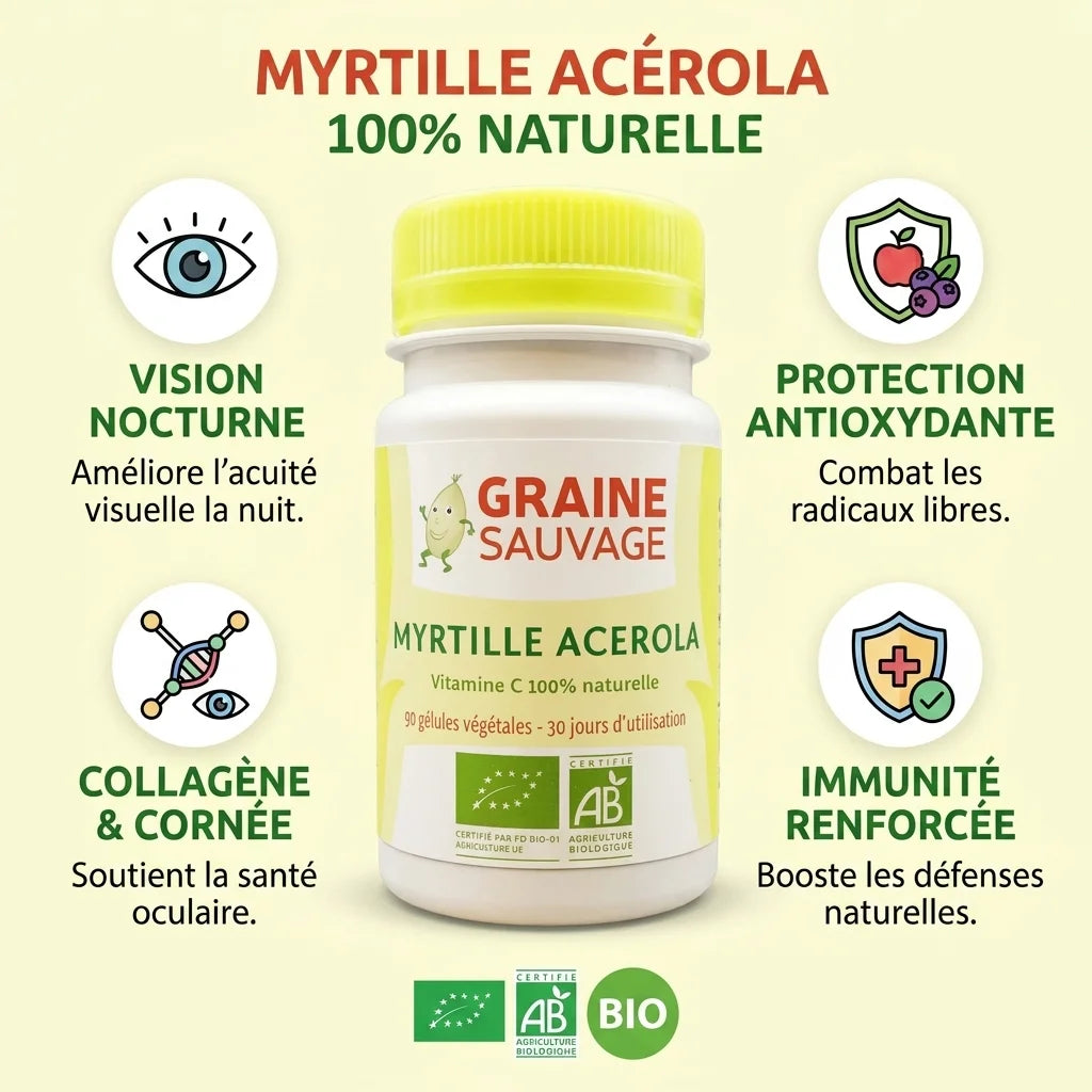 Myrtille Acérola Bio en gélules avec bénéfices vision et antioxydants, certification naturelle