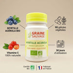 Myrtille Acérola Bio en gélules avec ingrédients naturels, vitamine C, certifié AB, bouteille Graine Sauvage