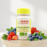 Graine Sauvage Myrtille Acérola Bio en gélules avec baies fraîches et feuilles vertes sur fond blanc épuré