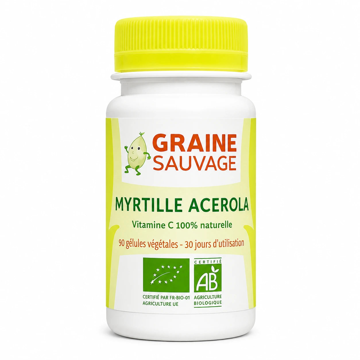 Gélules Myrtille Acérola Bio Vegan Graine Sauvage, bouteille jaune certifiée AB