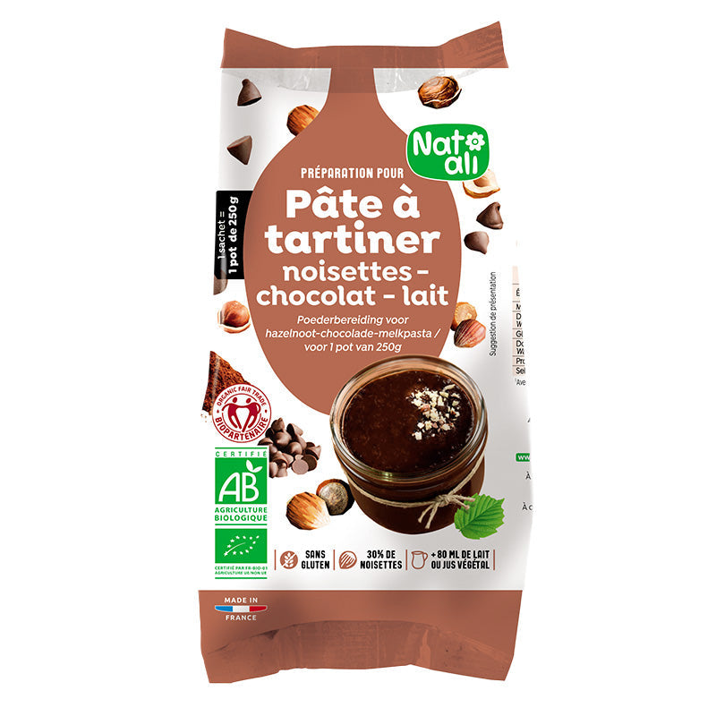 Pâte à tartiner noisettes-chocolat-lait bio – Nat Ali
