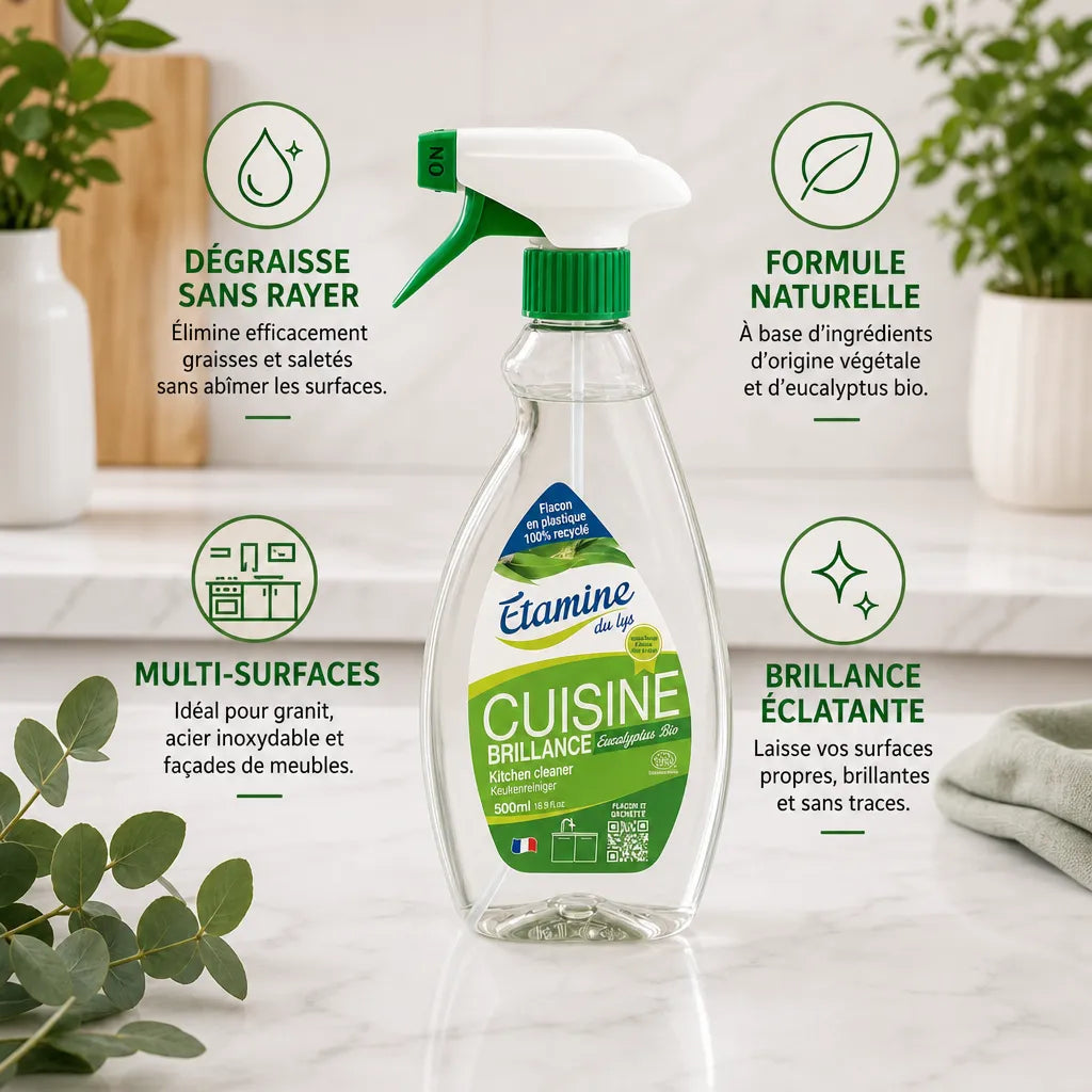 Spray nettoyant Etamine du Lys cuisine avec bénéfices: dégraisse, formule naturelle, multi-surfaces, brillance