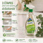 Nettoyant Brillance Cuisine Etamine du Lys avec guide d'application en 3 étapes sur plan de travail