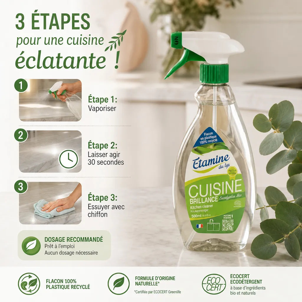Nettoyant Brillance Cuisine Etamine du Lys avec guide d'application en 3 étapes sur plan de travail