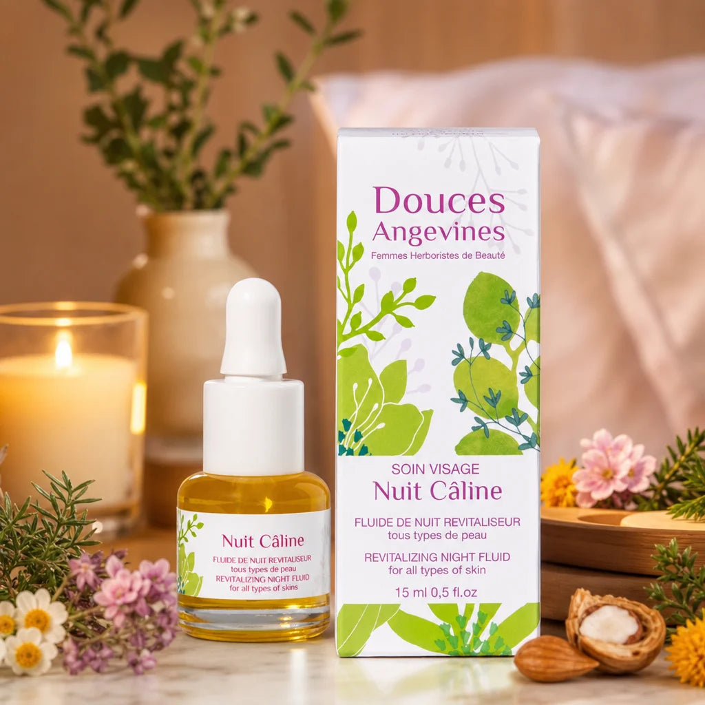 Nuit Câline Fluide bio Douces Angevines sur table de nuit avec bougies et fleurs