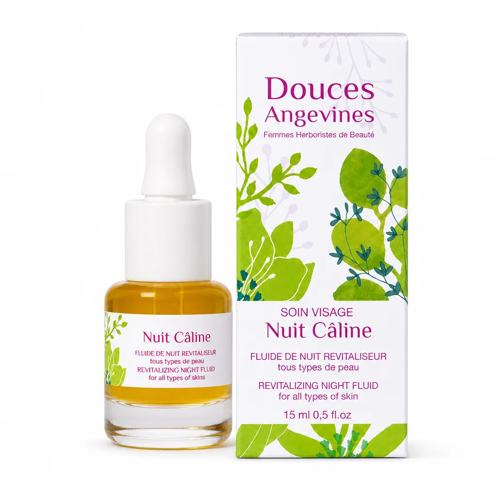 Nuit Câline Fluide bio Douces Angevines, bouteille et packaging sur fond blanc
