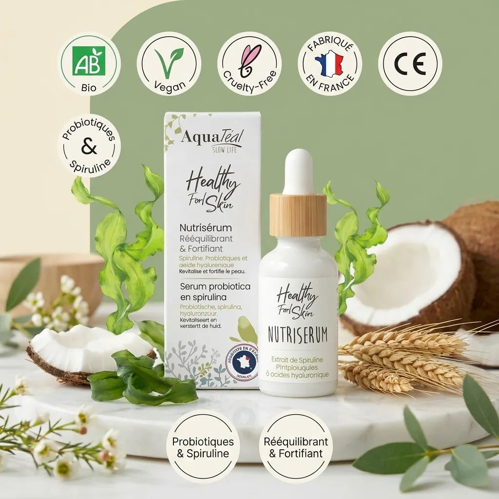 Nutriserum Aquatéal probiotiques spiruline avec certifications bio vegan fabriqué France